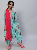 Blue Floral Print Kurta Palazzo With Dupatta