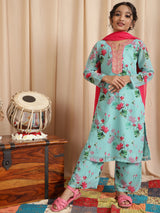 Blue Floral Print Kurta Palazzo With Dupatta