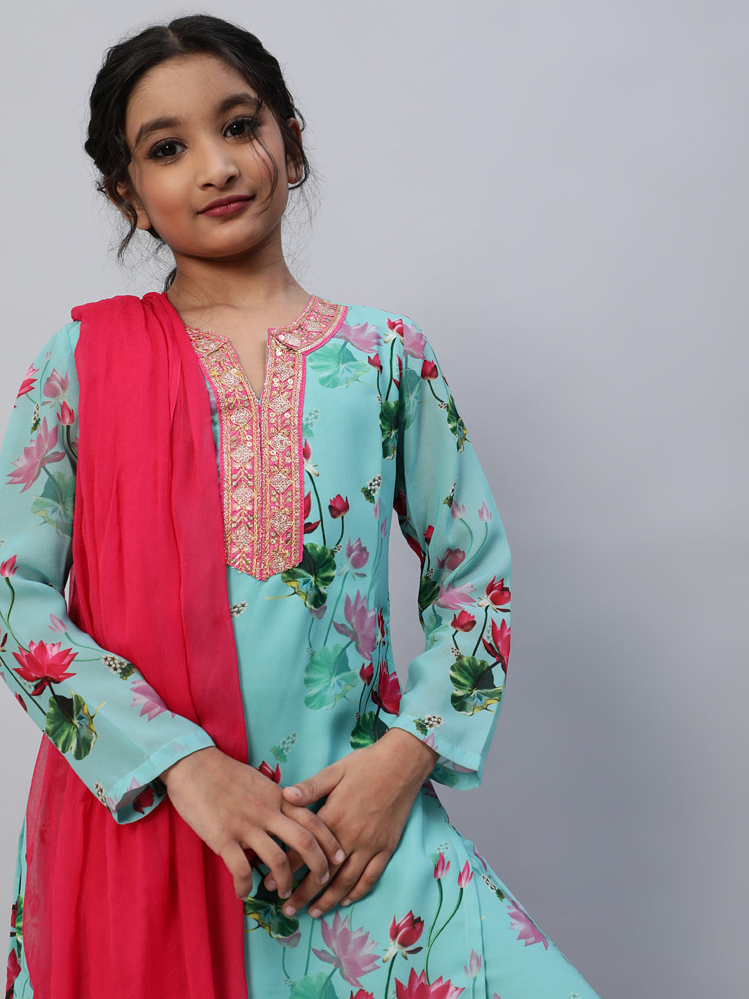 Blue Floral Print Kurta Palazzo With Dupatta