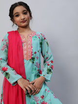 Blue Floral Print Kurta Palazzo With Dupatta