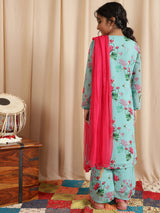 Blue Floral Print Kurta Palazzo With Dupatta