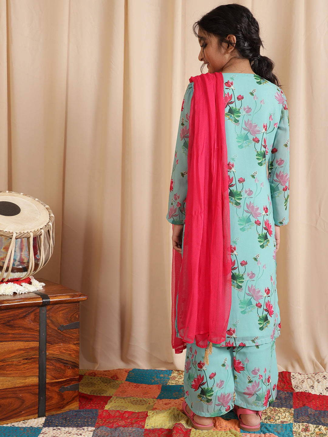 Blue Floral Print Kurta Palazzo With Dupatta
