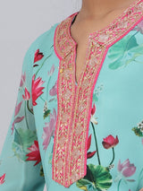 Blue Floral Print Kurta Palazzo With Dupatta