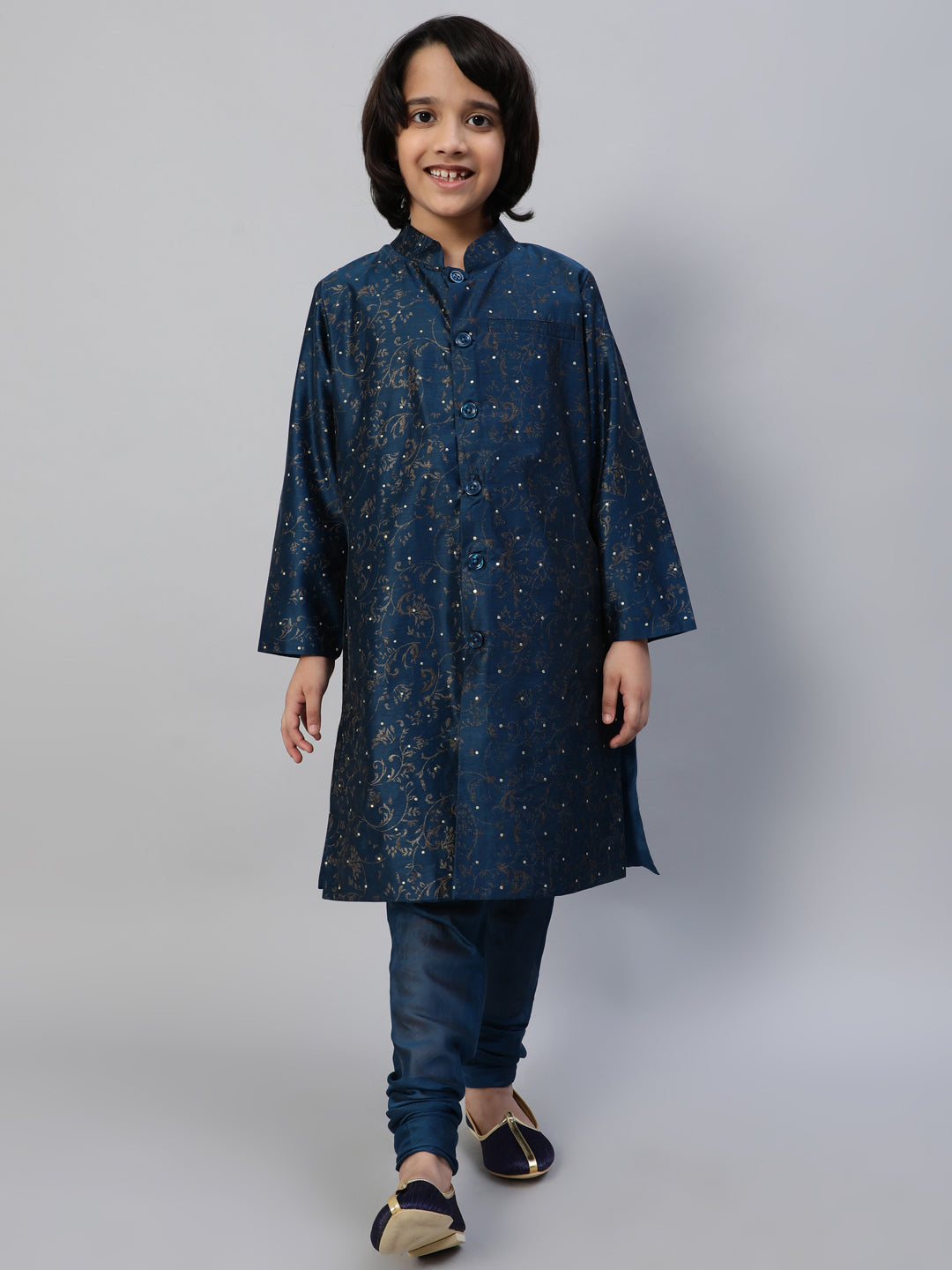 Blue Printed Sherwani With Churidar - Elganza