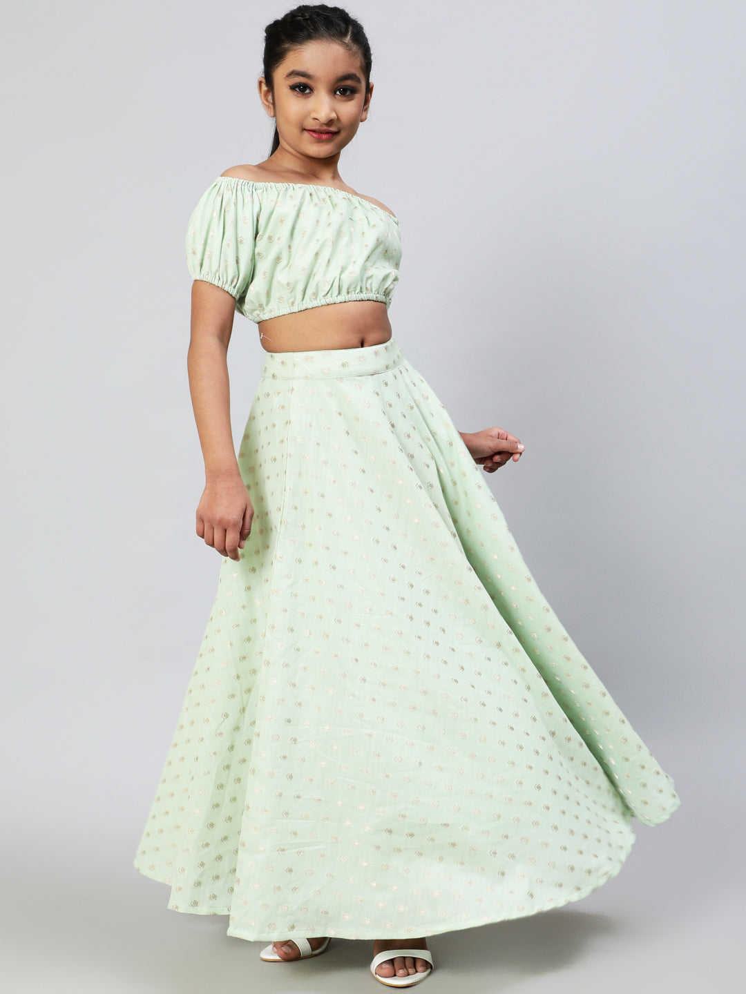 Sea Green Dobby Designed Crop Top With Skirt