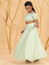 Sea Green Dobby Designed Crop Top With Skirt