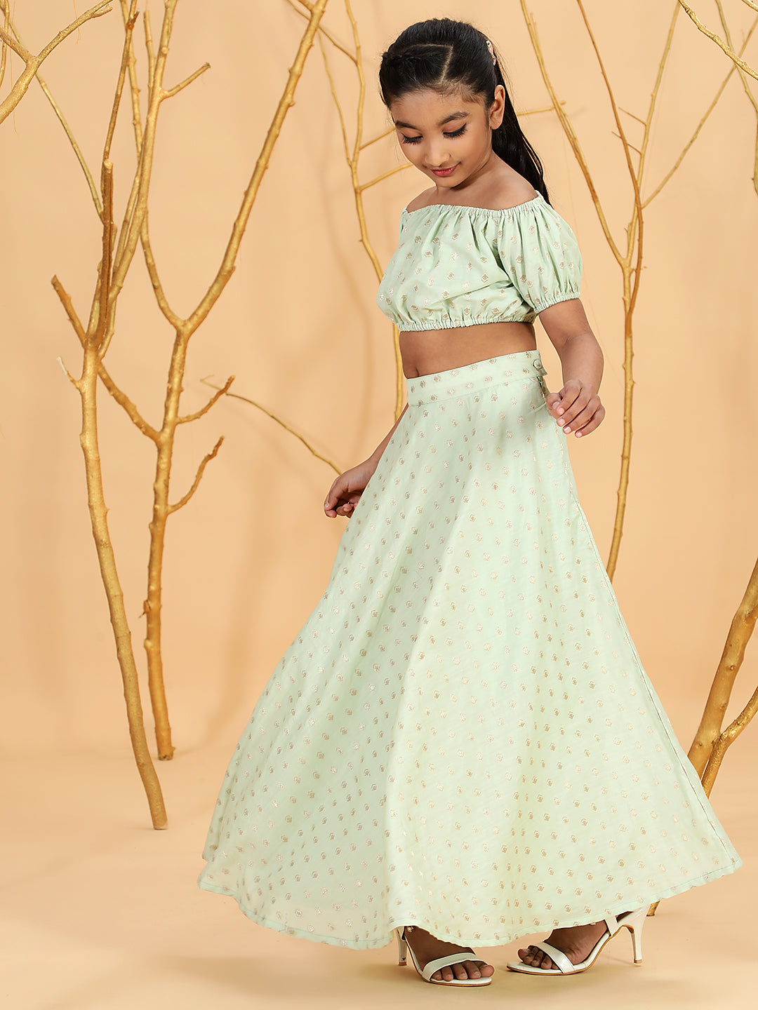 Sea Green Dobby Designed Crop Top With Skirt