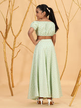 Sea Green Dobby Designed Crop Top With Skirt