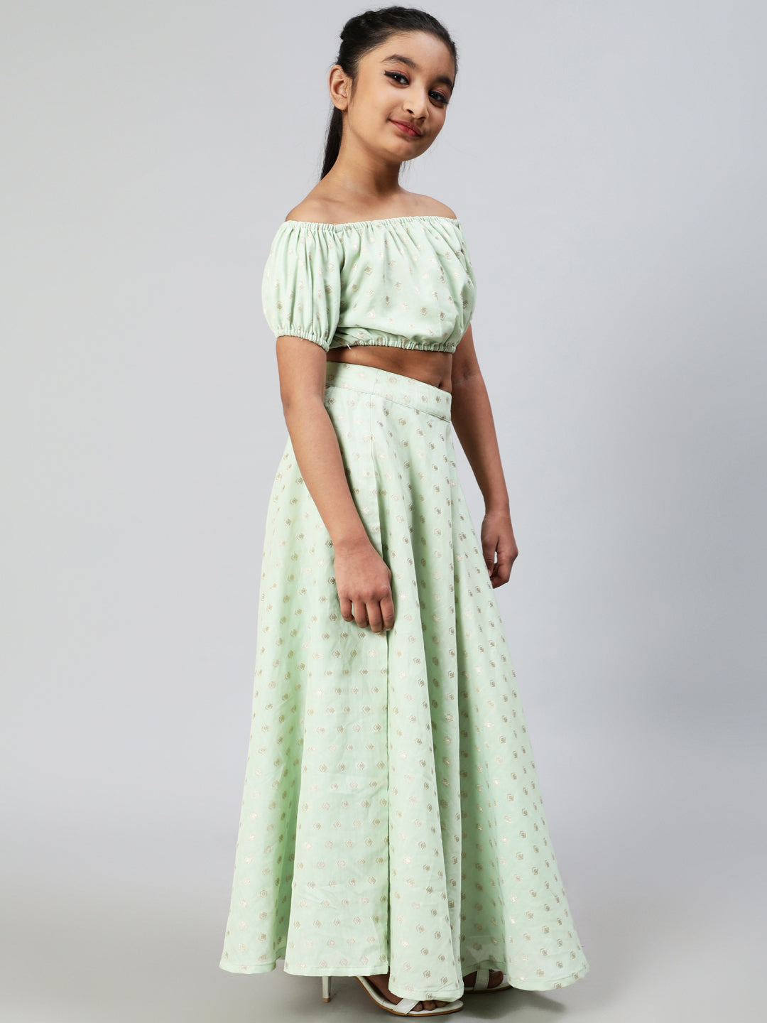 Sea Green Dobby Designed Crop Top With Skirt