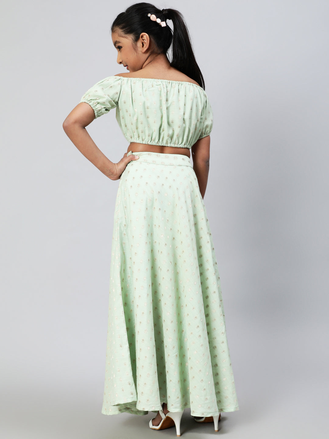Sea Green Dobby Designed Crop Top With Skirt