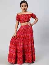 Red Gold Bandhani Print Crop Top With Skirt