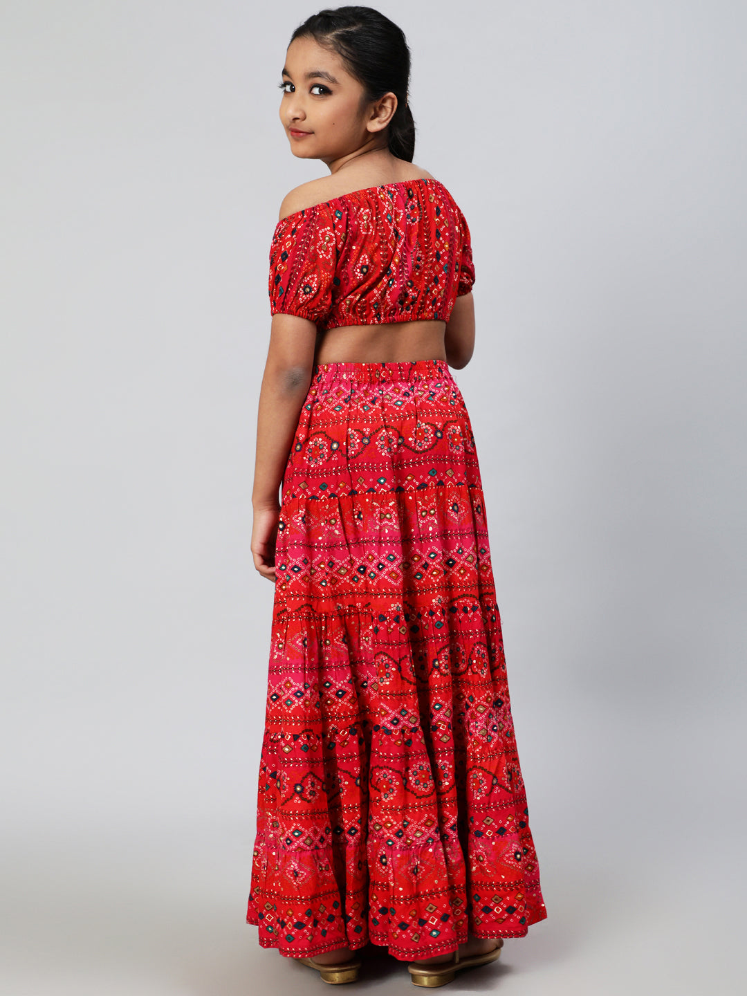 Red Gold Bandhani Print Crop Top With Skirt