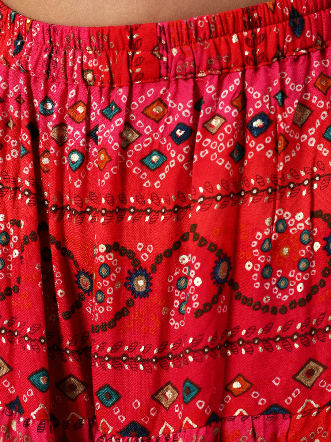 Red Gold Bandhani Print Crop Top With Skirt