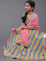 Multicolor Leheriya Print A-Line Dress With Dupatta