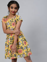 Yellow Floral Print Dress - Elganza