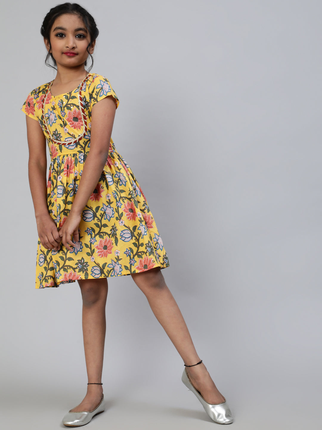 Yellow Floral Print Dress - Elganza
