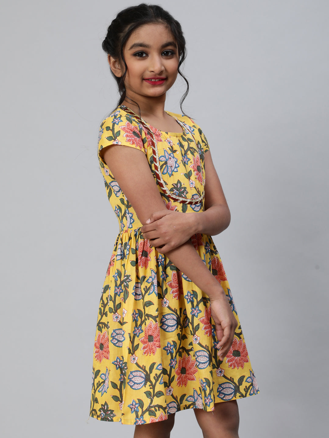 Yellow Floral Print Dress - Elganza