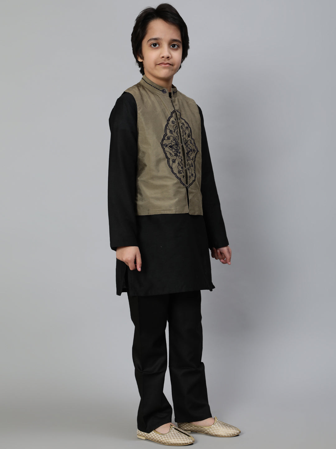 Black Embroidered Kurta Pant With Nehru Jacket - Elganza