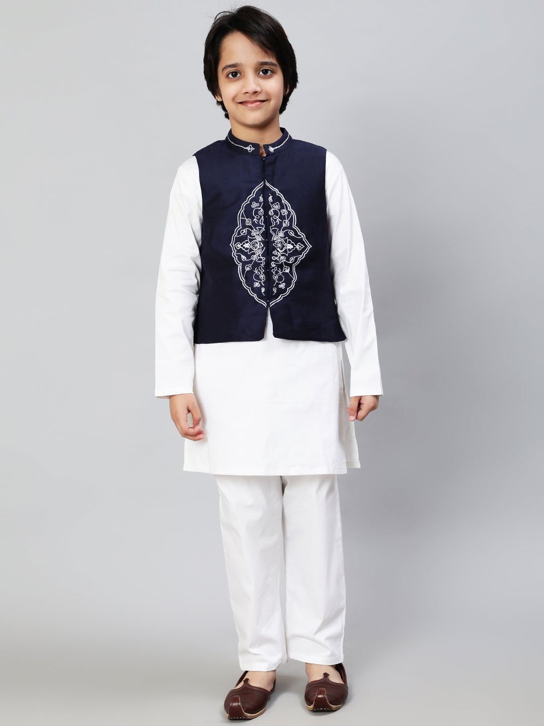 White Embroidered Kurta Pant With Nehru Jacket - Elganza