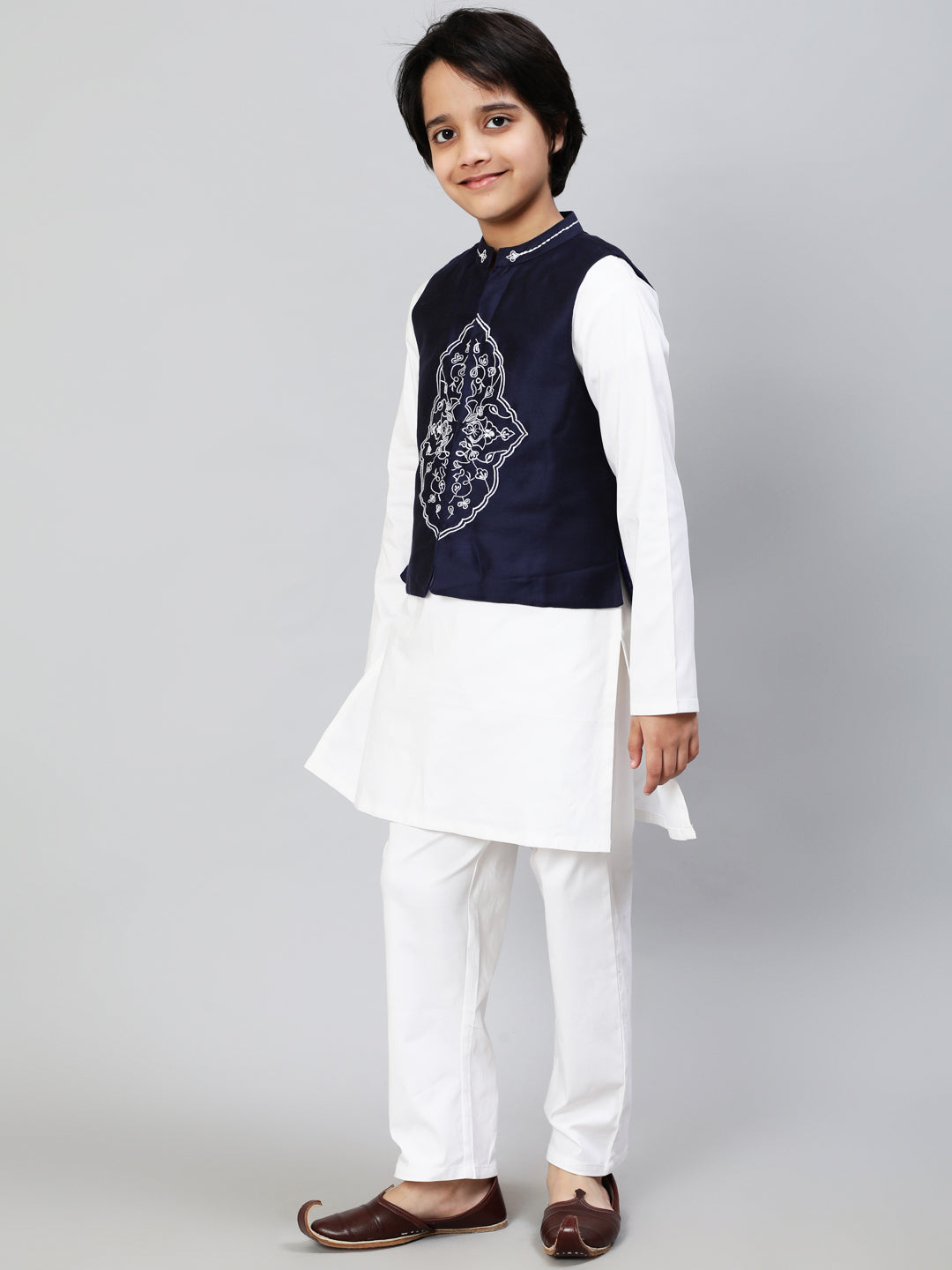White Embroidered Kurta Pant With Nehru Jacket - Elganza