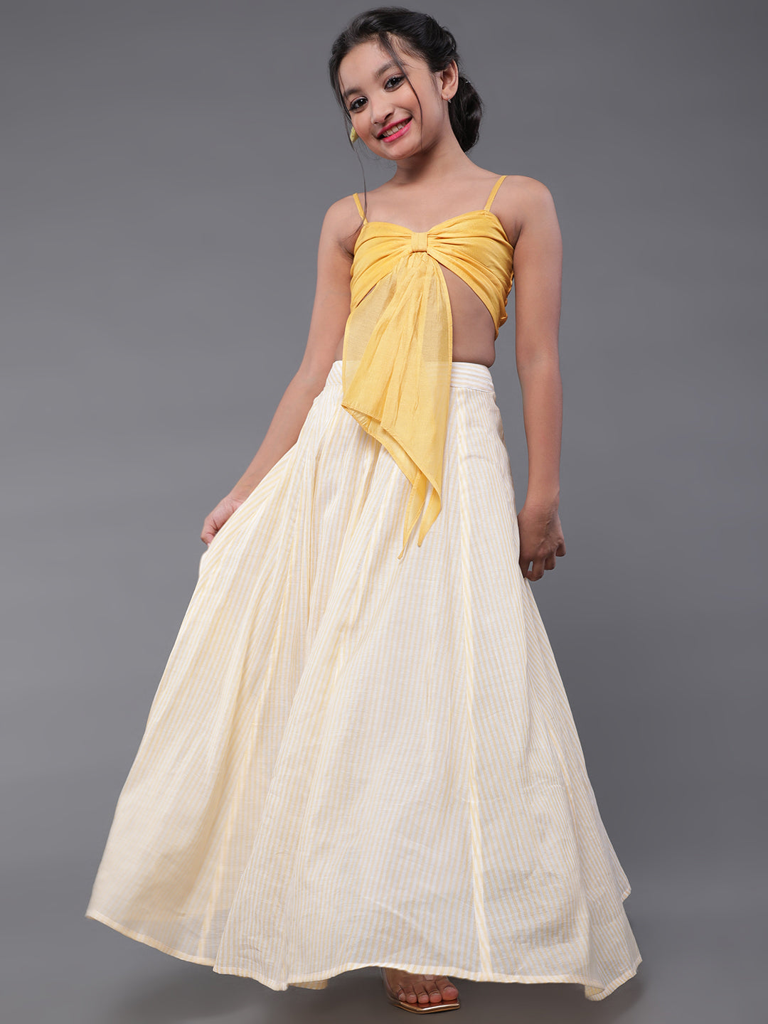 Yellow & White Striped Lehenga Choli - Elganza