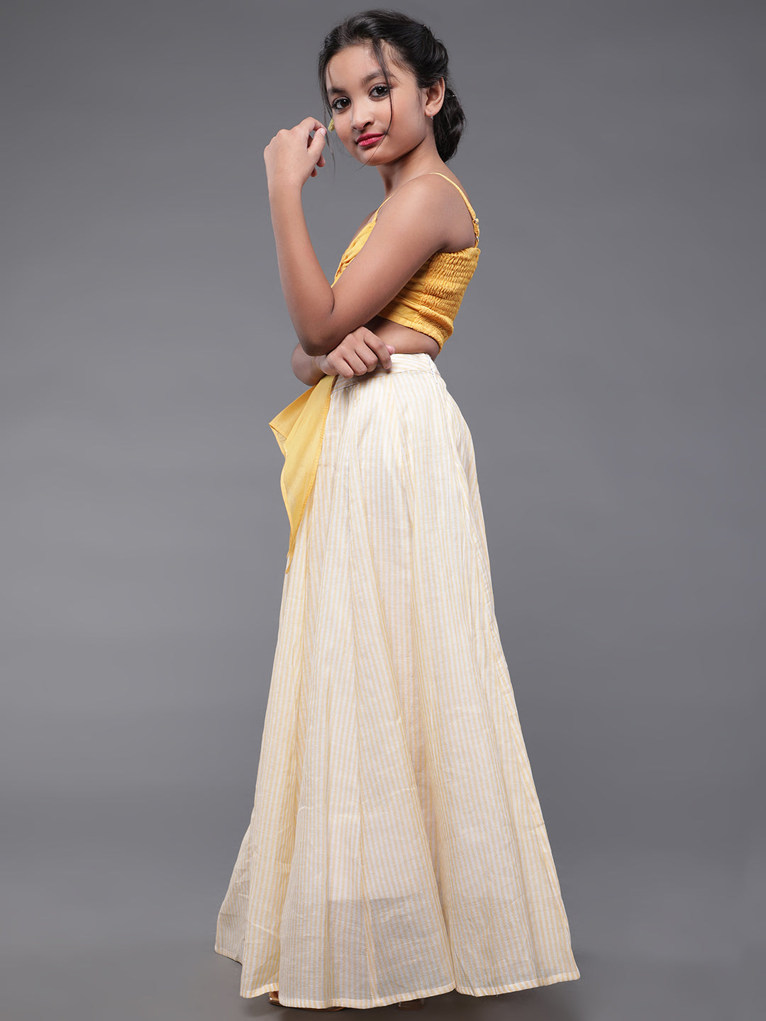 Yellow & White Striped Lehenga Choli - Elganza
