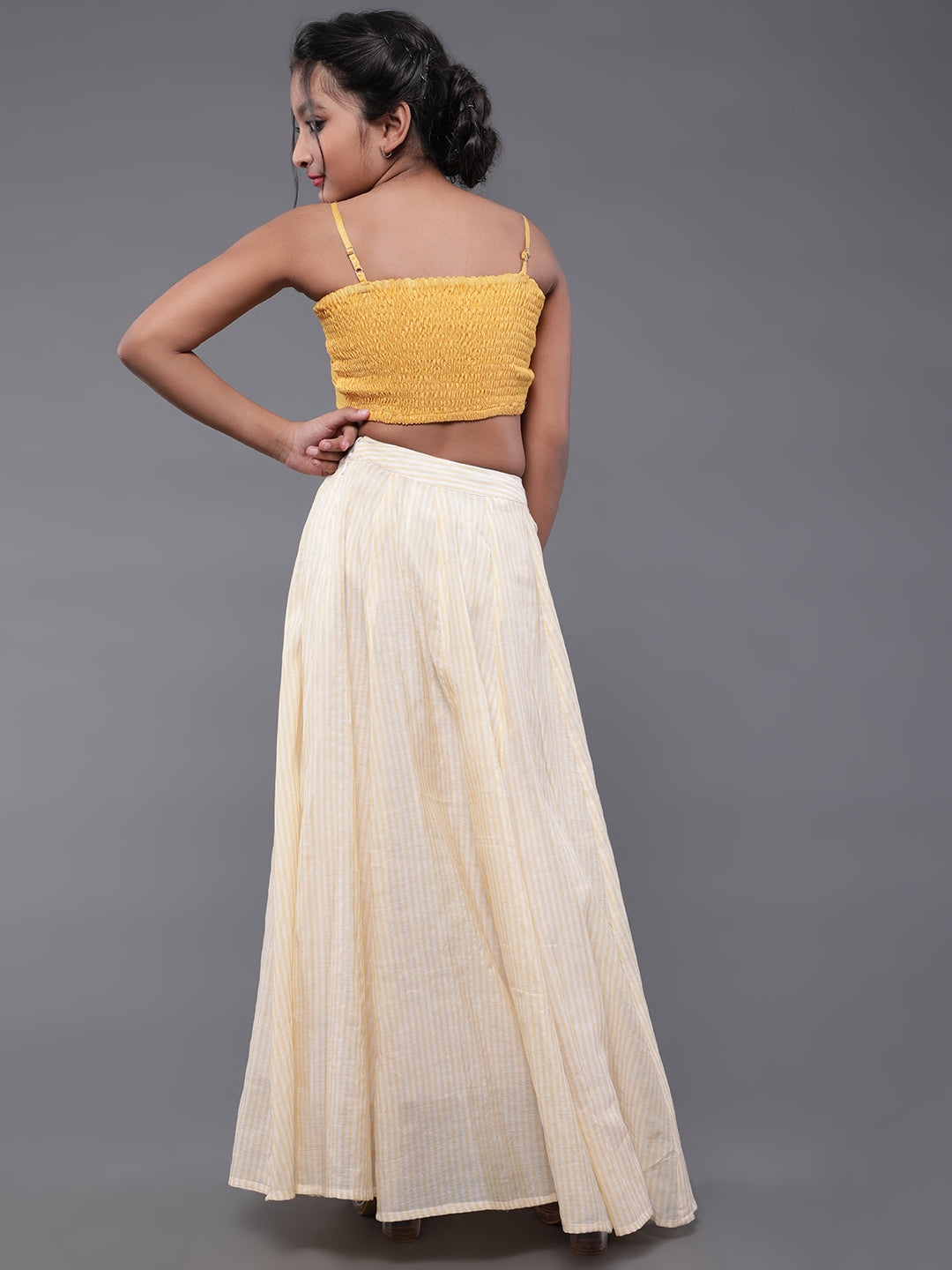 Yellow & White Striped Lehenga Choli - Elganza