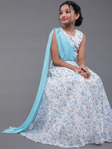 Blue & White Block Printed Lehenga Choli With Dupatta