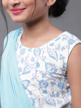 Blue & White Block Printed Lehenga Choli With Dupatta