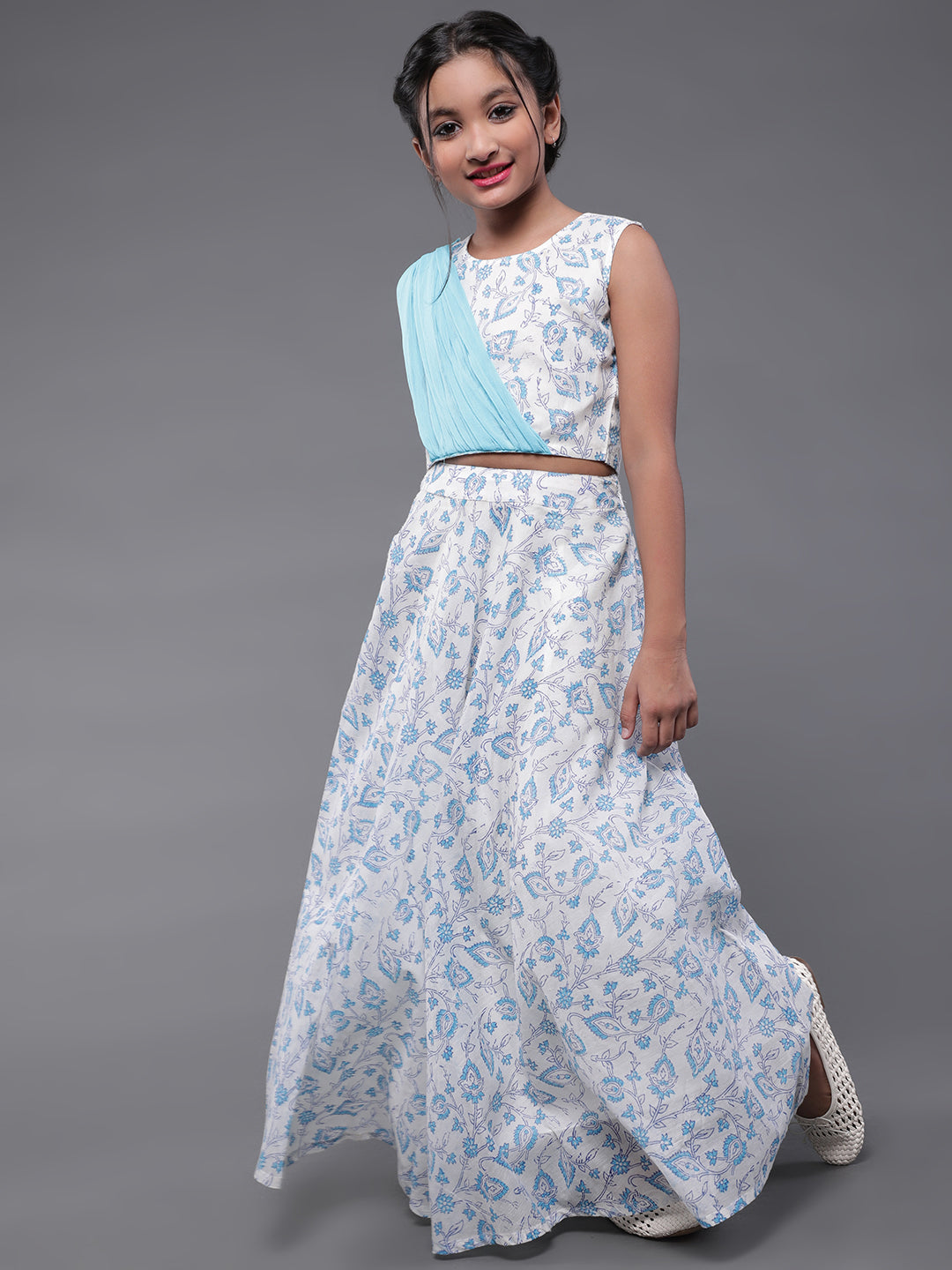 Blue & White Block Printed Lehenga Choli With Dupatta