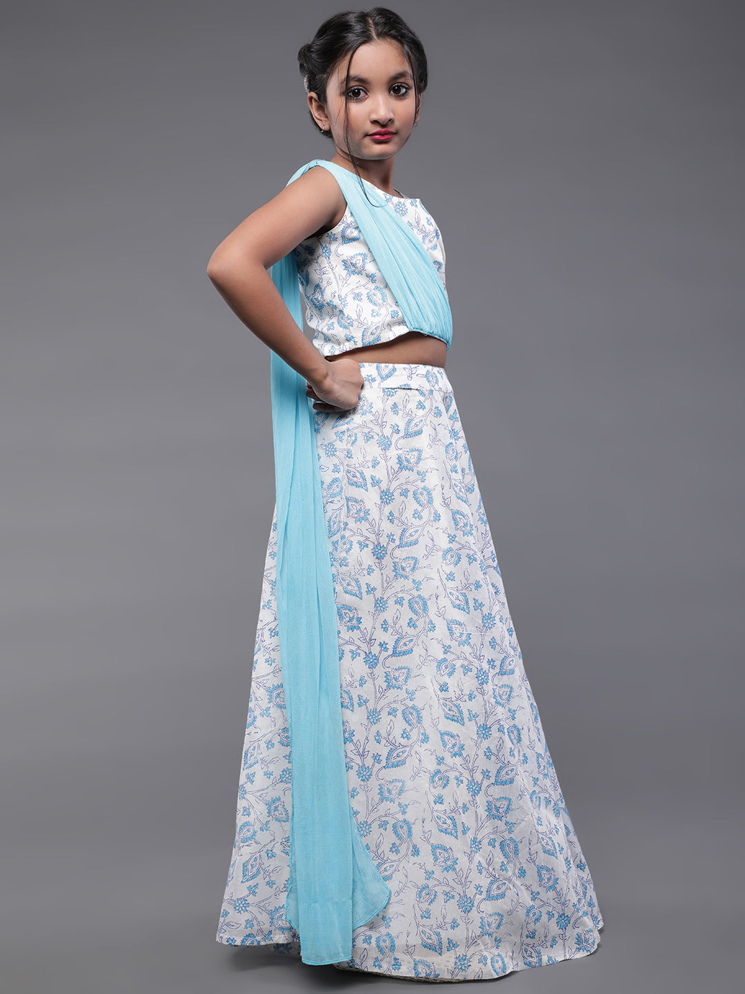 Blue & White Block Printed Lehenga Choli With Dupatta