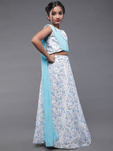 Blue & White Block Printed Lehenga Choli With Dupatta