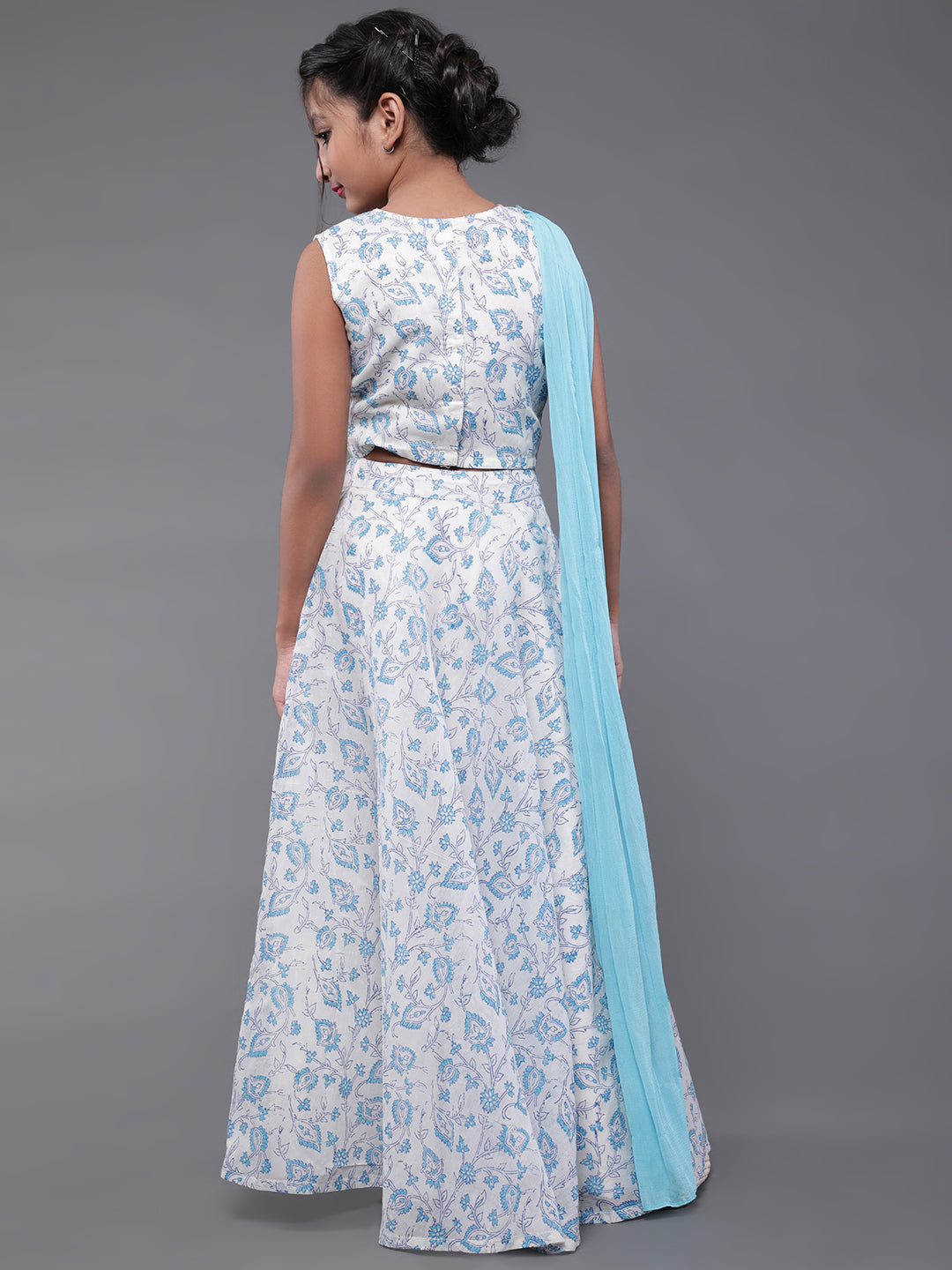 Blue & White Block Printed Lehenga Choli With Dupatta
