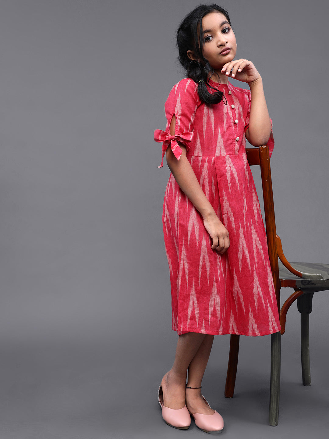 Pink & White Ikat Design Short Dress - Elganza