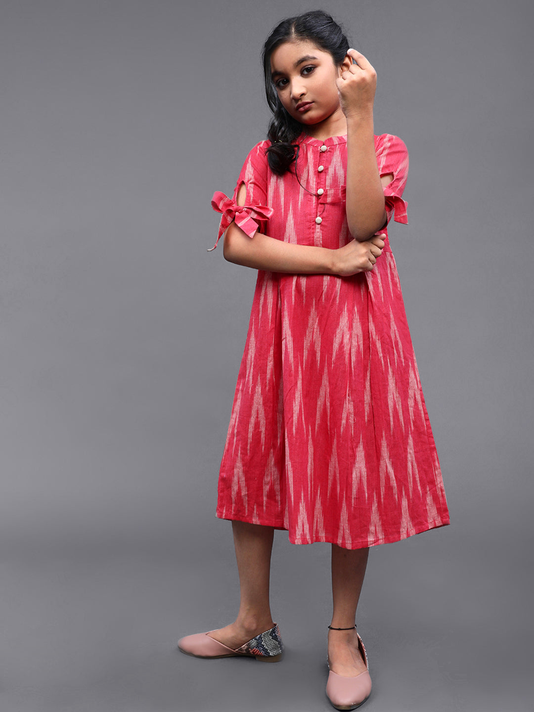 Pink & White Ikat Design Short Dress - Elganza