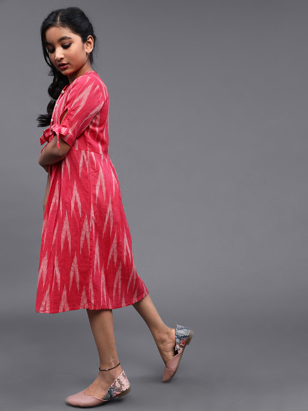Pink & White Ikat Design Short Dress - Elganza
