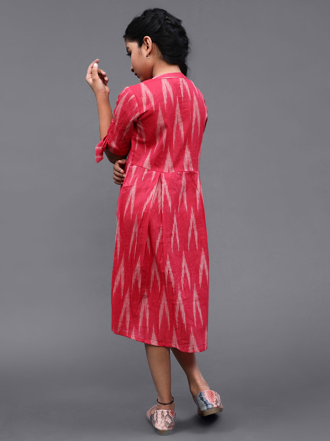 Pink & White Ikat Design Short Dress - Elganza