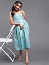 Pastel Blue Foil Printed Gathered Dress