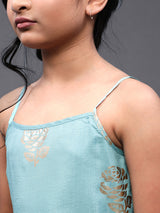 Pastel Blue Foil Printed Gathered Dress