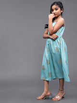 Pastel Blue Foil Printed Gathered Dress