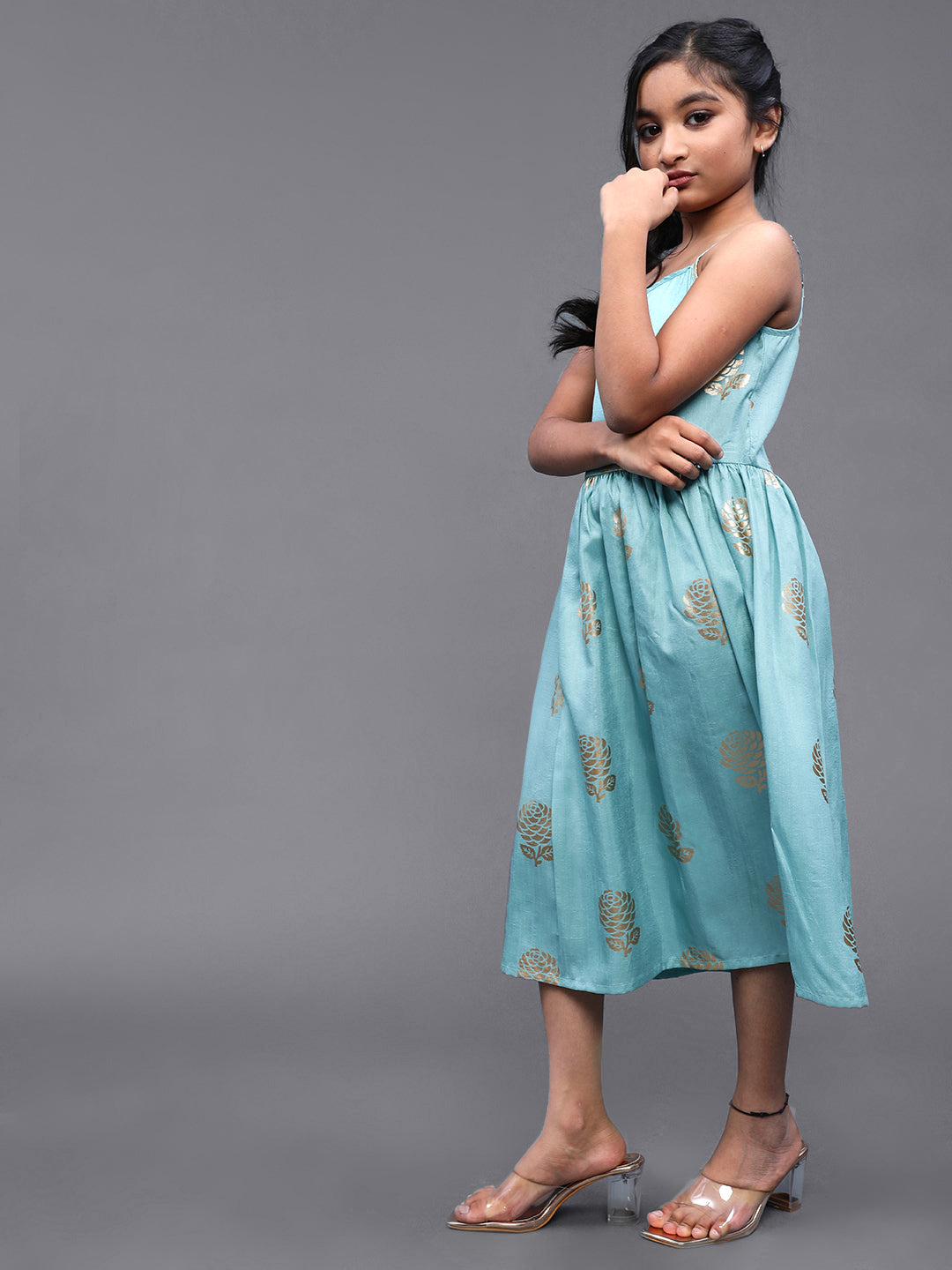 Pastel Blue Foil Printed Gathered Dress