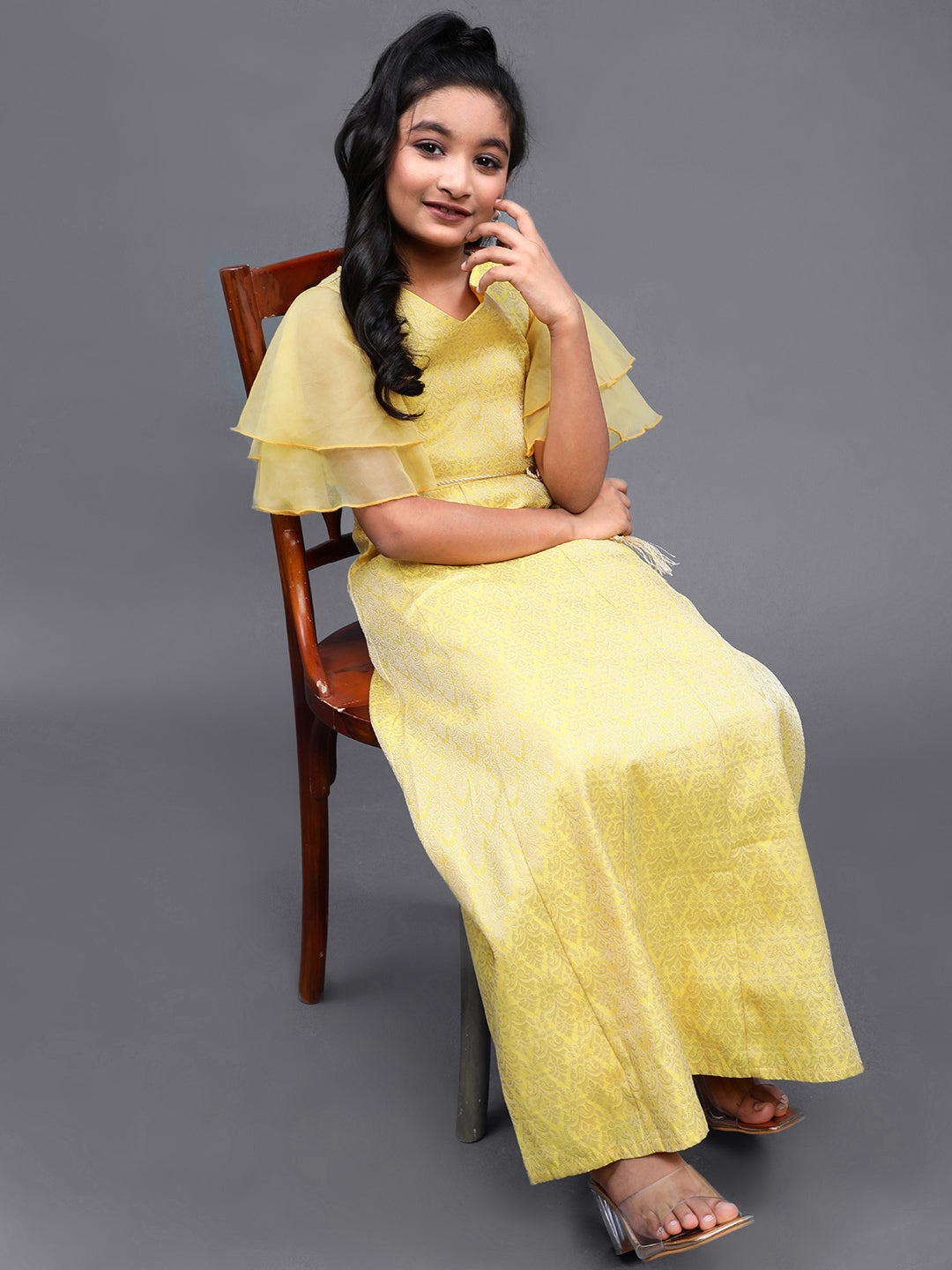 Yellow Jacquard Maxi Dress - Elganza
