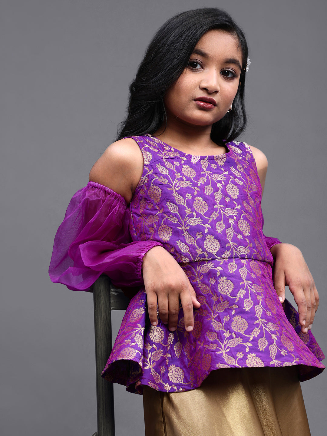 Purple Brocade Peplum Top - Elganza