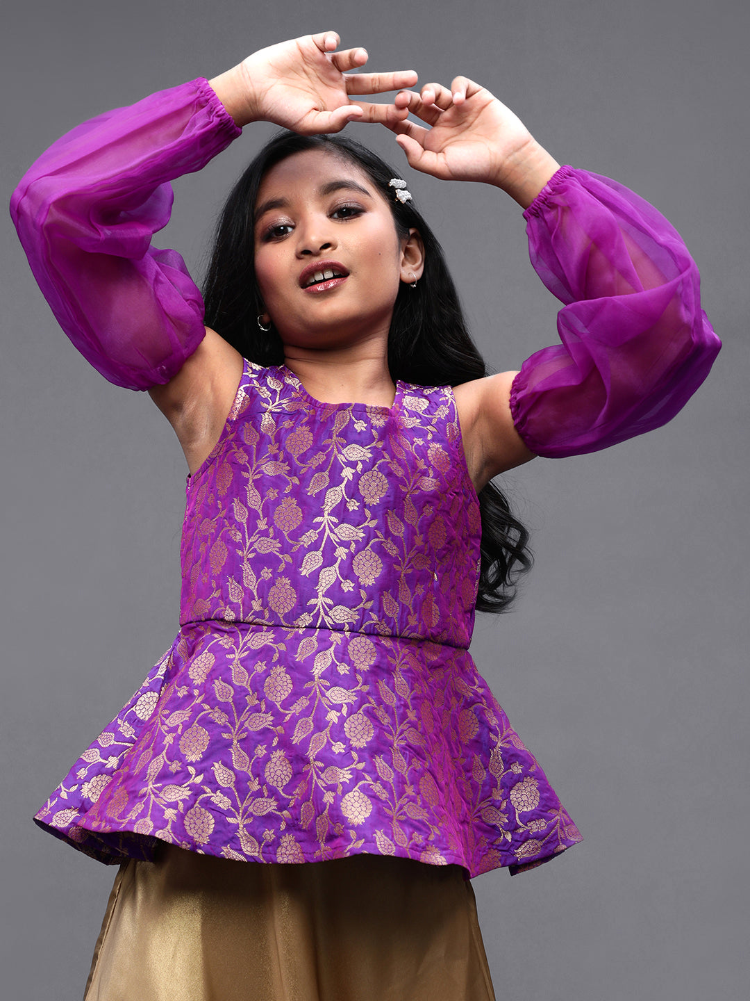 Purple Brocade Peplum Top - Elganza