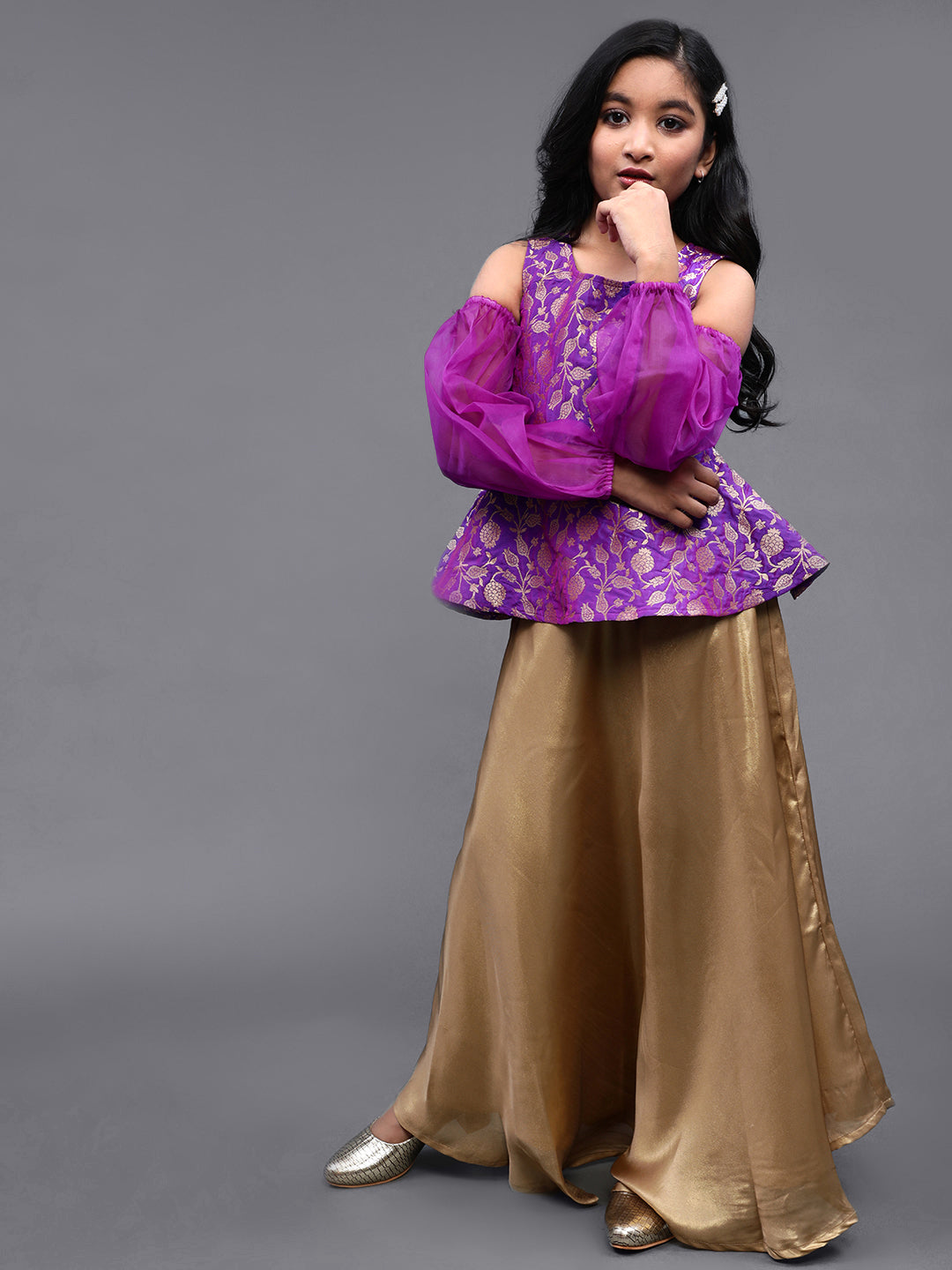 Purple Brocade Peplum Top - Elganza