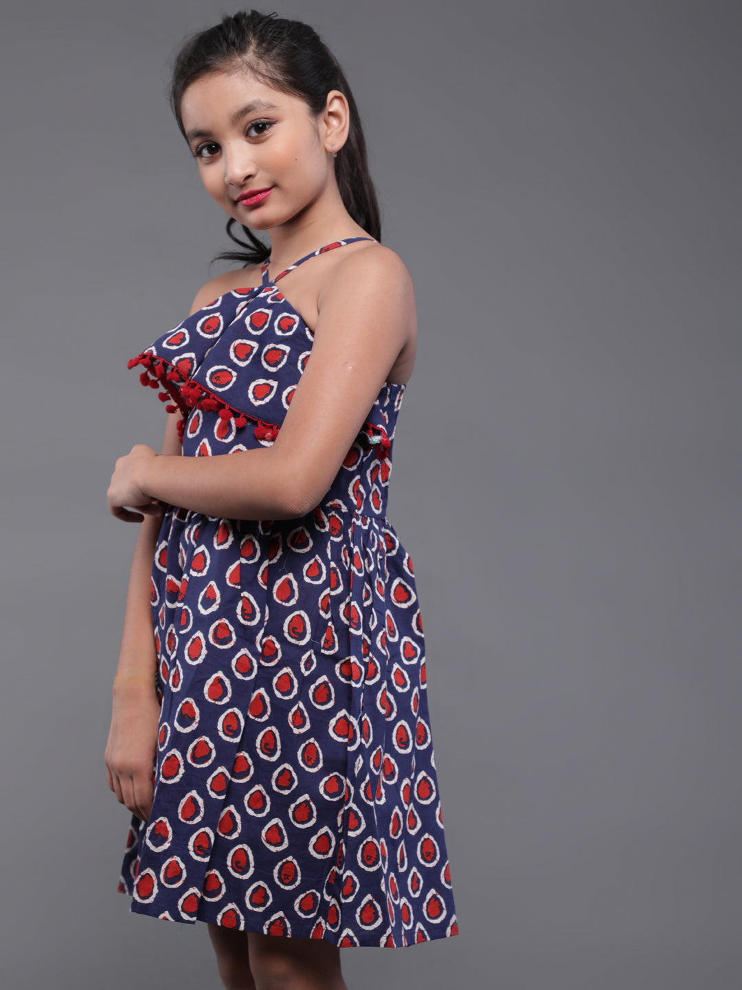 Blue Kitsch Print Mini Dress With Pom-Pom Lace