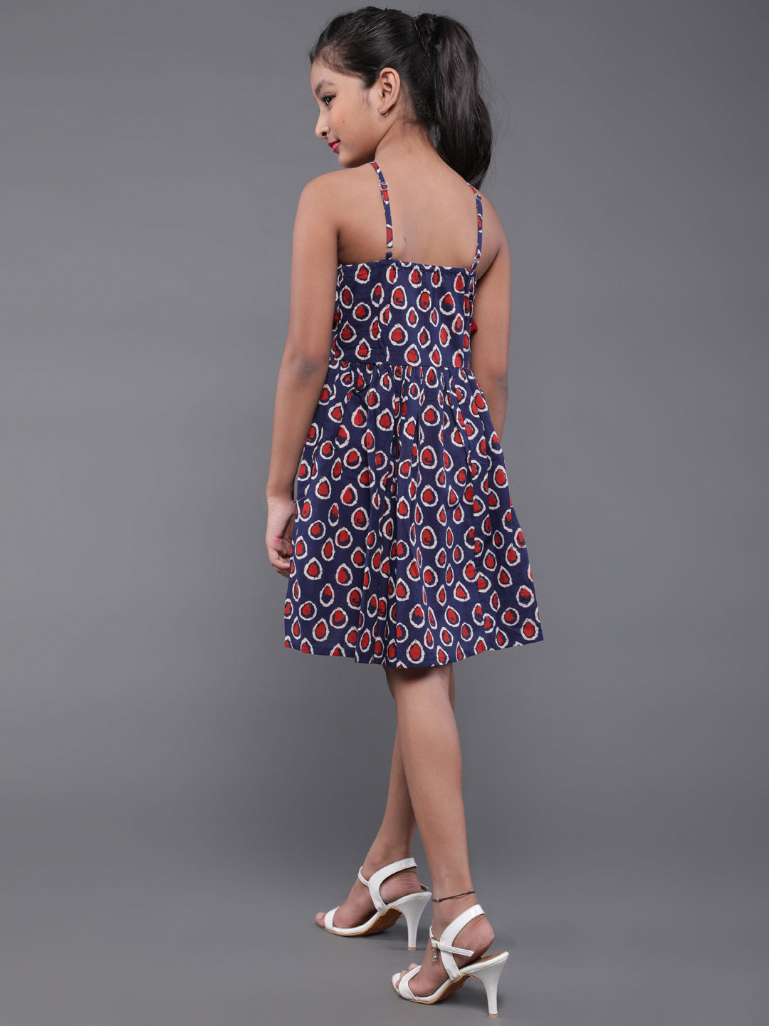 Blue Kitsch Print Mini Dress With Pom-Pom Lace
