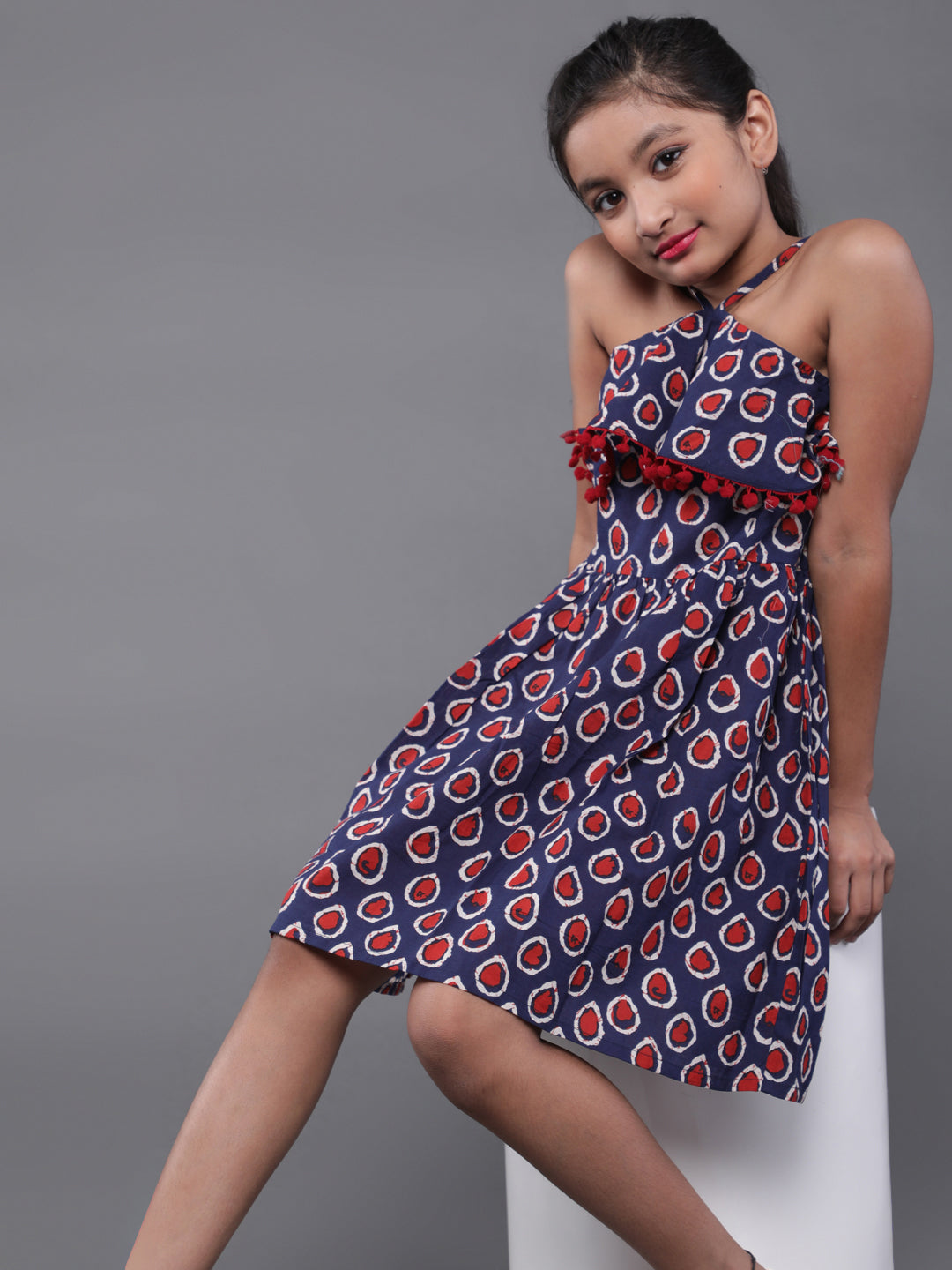 Blue Kitsch Print Mini Dress With Pom-Pom Lace