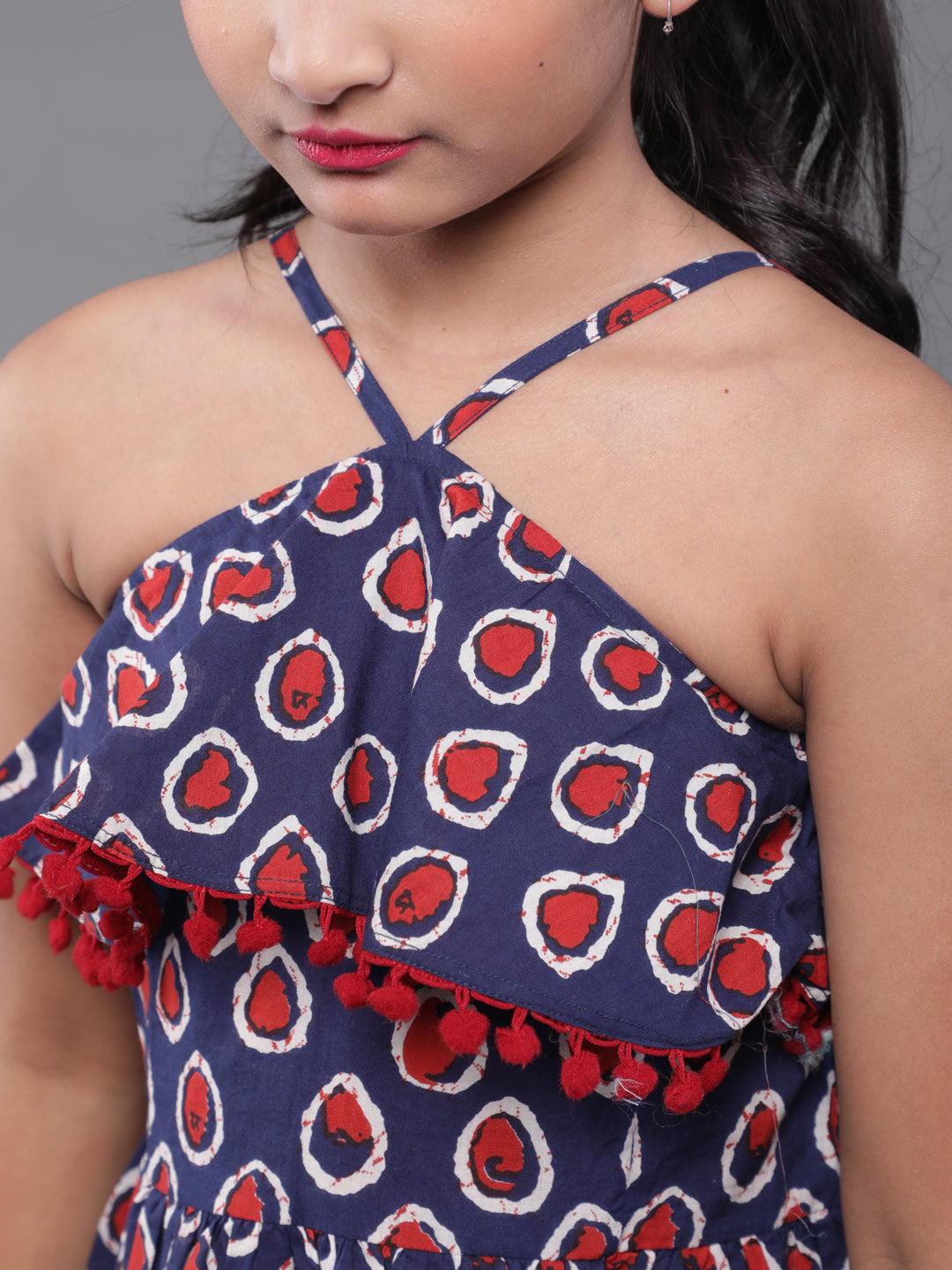 Blue Kitsch Print Mini Dress With Pom-Pom Lace