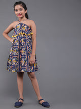 Blue Printed Mini Dress With Pom-Pom Lace - Elganza